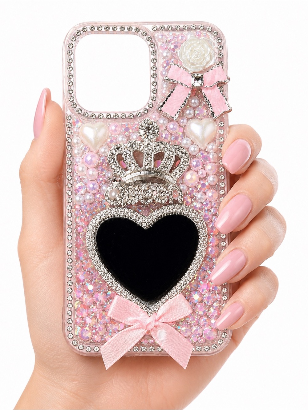 Handmade Pink Rhinestone iPhone 15 Pro Max Crown Phone Case with Mirror